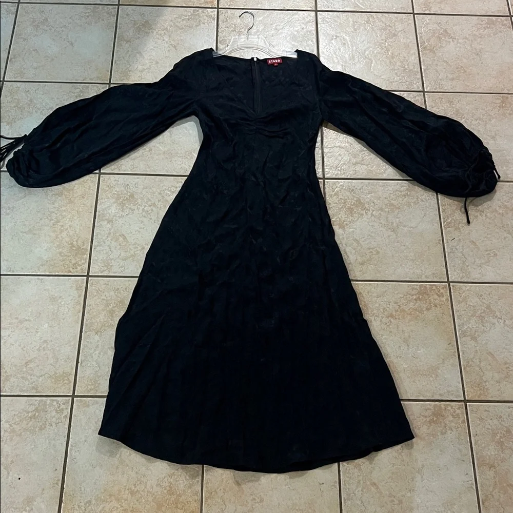 STAUD Black Floral Jacquard Midi‎ Sofia Dress Ruched Bust, Sz 4 - Picture 3 of 15